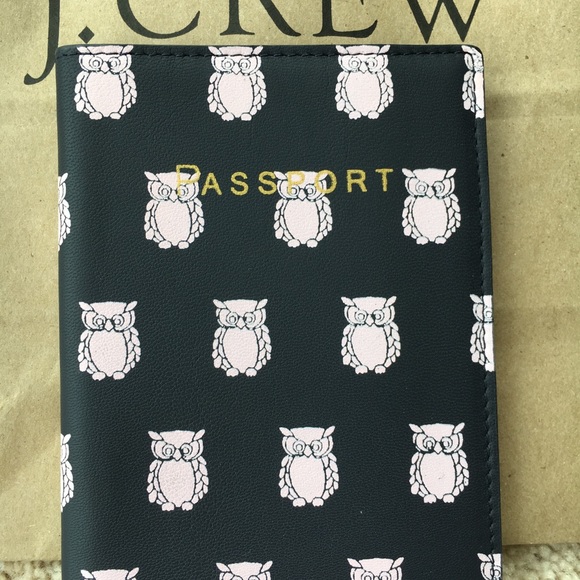 J. CREW Leather Passport Case, Navy Blue Pink Owls - Picture 2 of 6